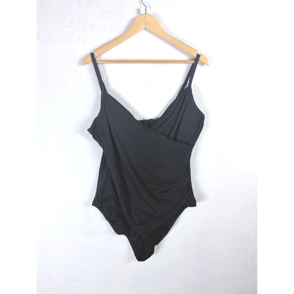 2/$30 Lands' End Black Surplice Wrap Textured One Piece Bathing Suit XL
